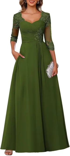 Chiffon A-line Mother of The Bride Dresses for Women Lace Applique 3/4 Sleeve Long Formal Evening Gown