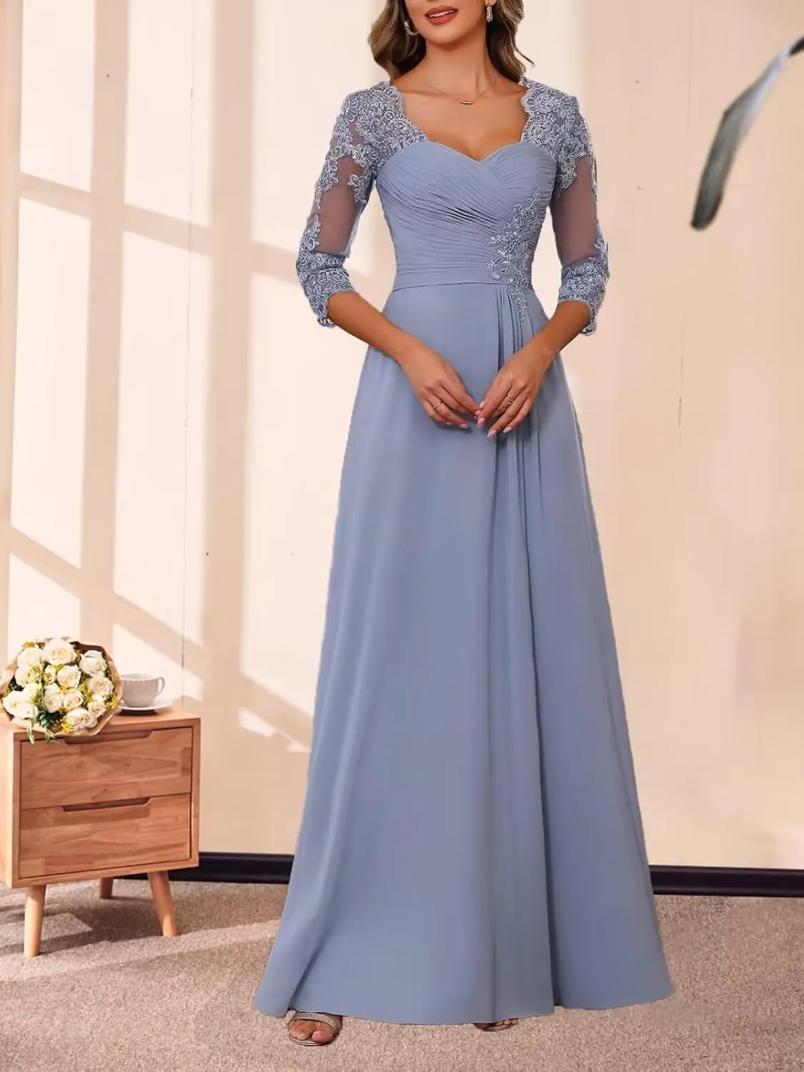 Chiffon A-line Mother of The Bride Dresses for Women Lace Applique 3/4 Sleeve Long Formal Evening Gown