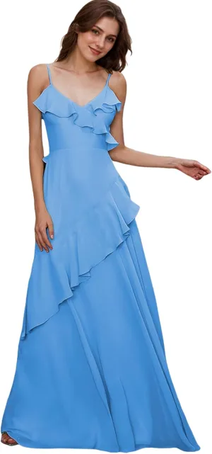 Chiffon Bridesmaid Dresses for Wedding 2025 Long Ruffles Spaghetti Straps Formal Dress 2025 LU134