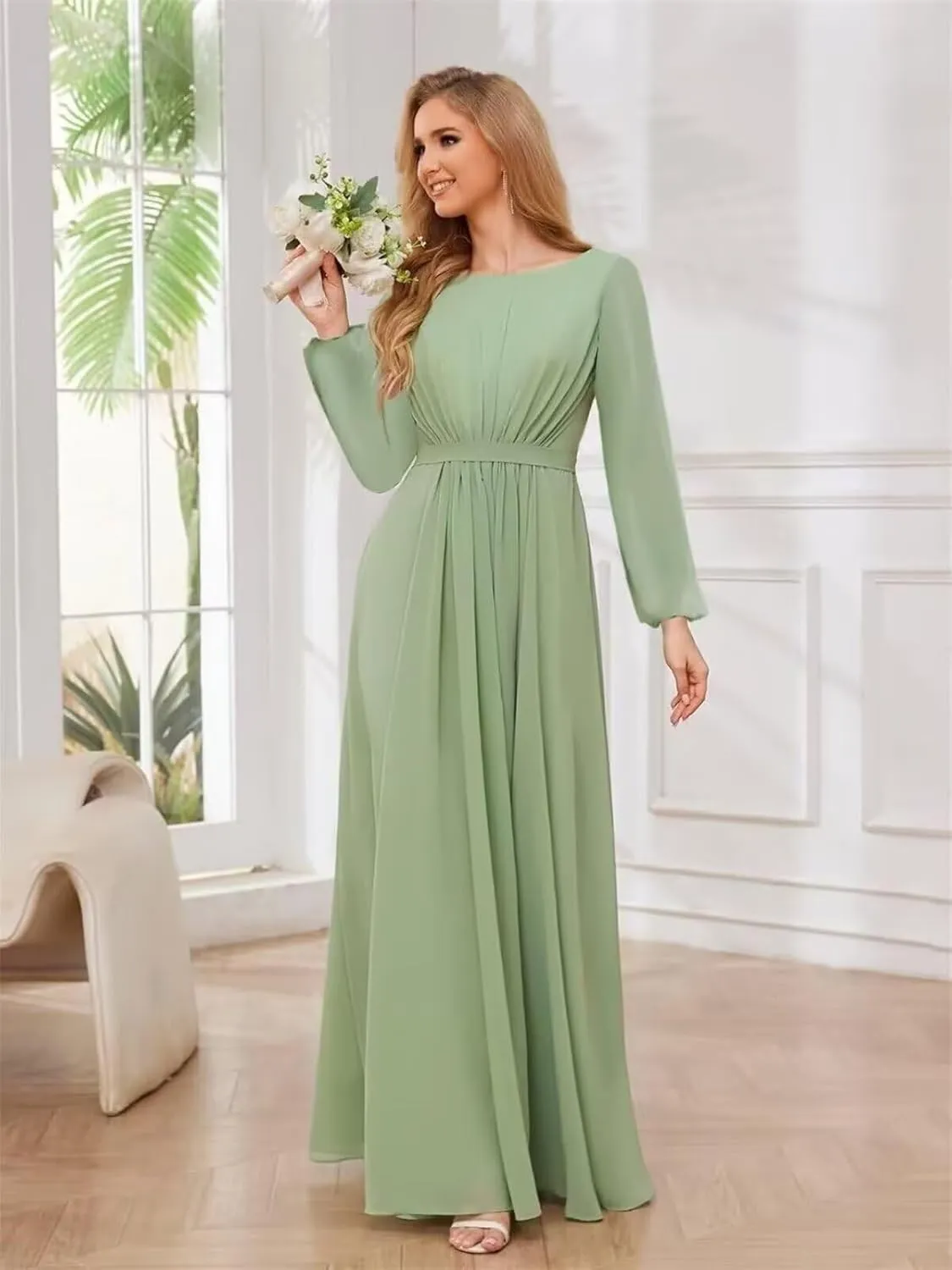 Chiffon Bridesmaid Dresses for Women Scoop Neck Long Sleeve Formal Evening Party Gown
