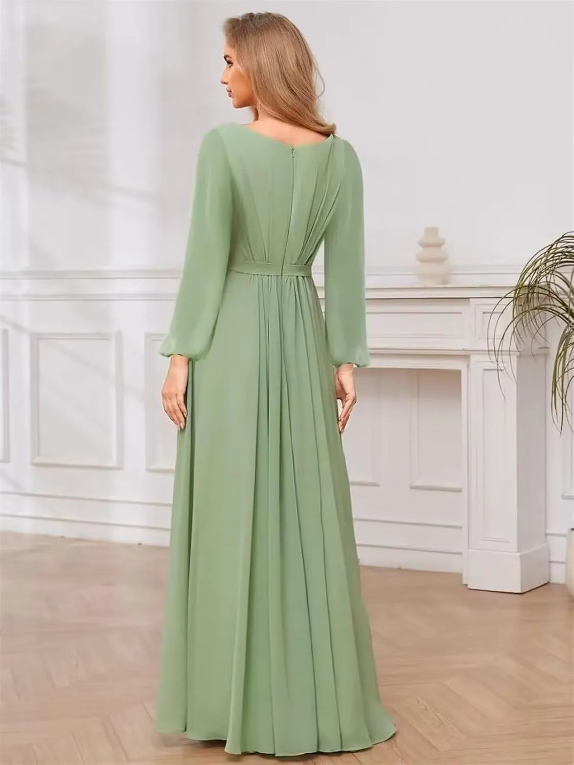 Chiffon Bridesmaid Dresses for Women Scoop Neck Long Sleeve Formal Evening Party Gown