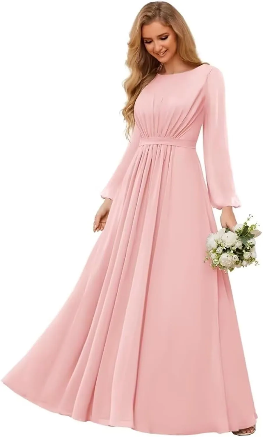 Chiffon Bridesmaid Dresses for Women Scoop Neck Long Sleeve Formal Evening Party Gown
