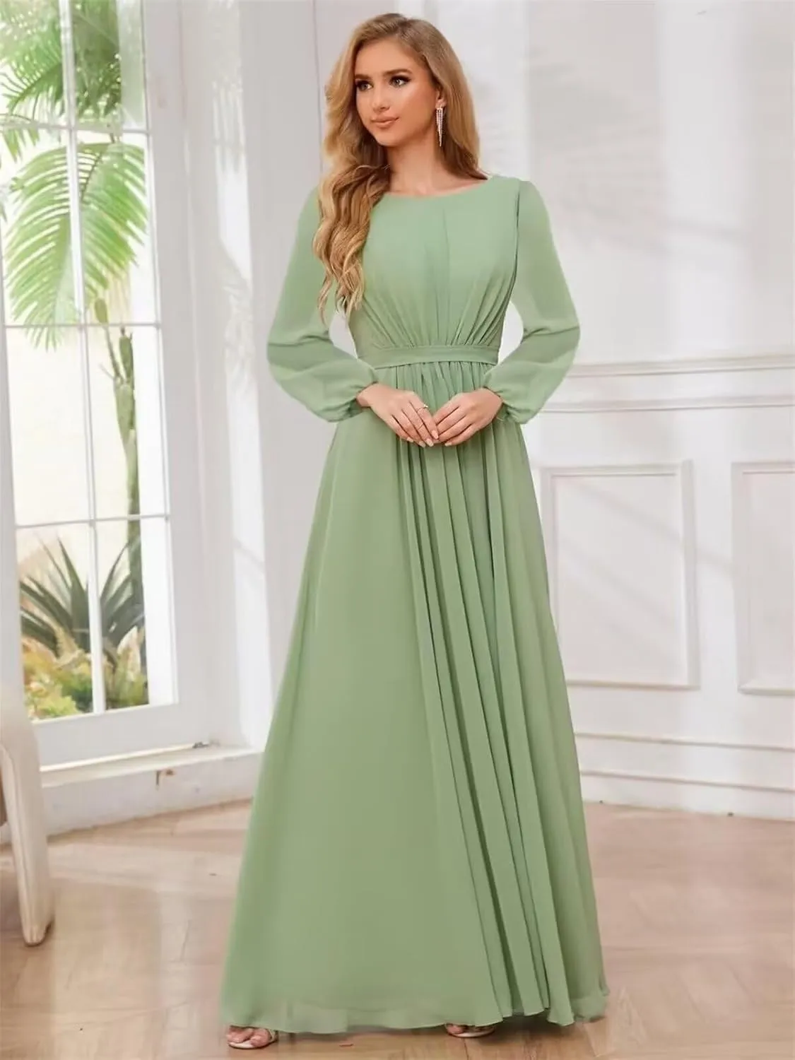 Chiffon Bridesmaid Dresses for Women Scoop Neck Long Sleeve Formal Evening Party Gown