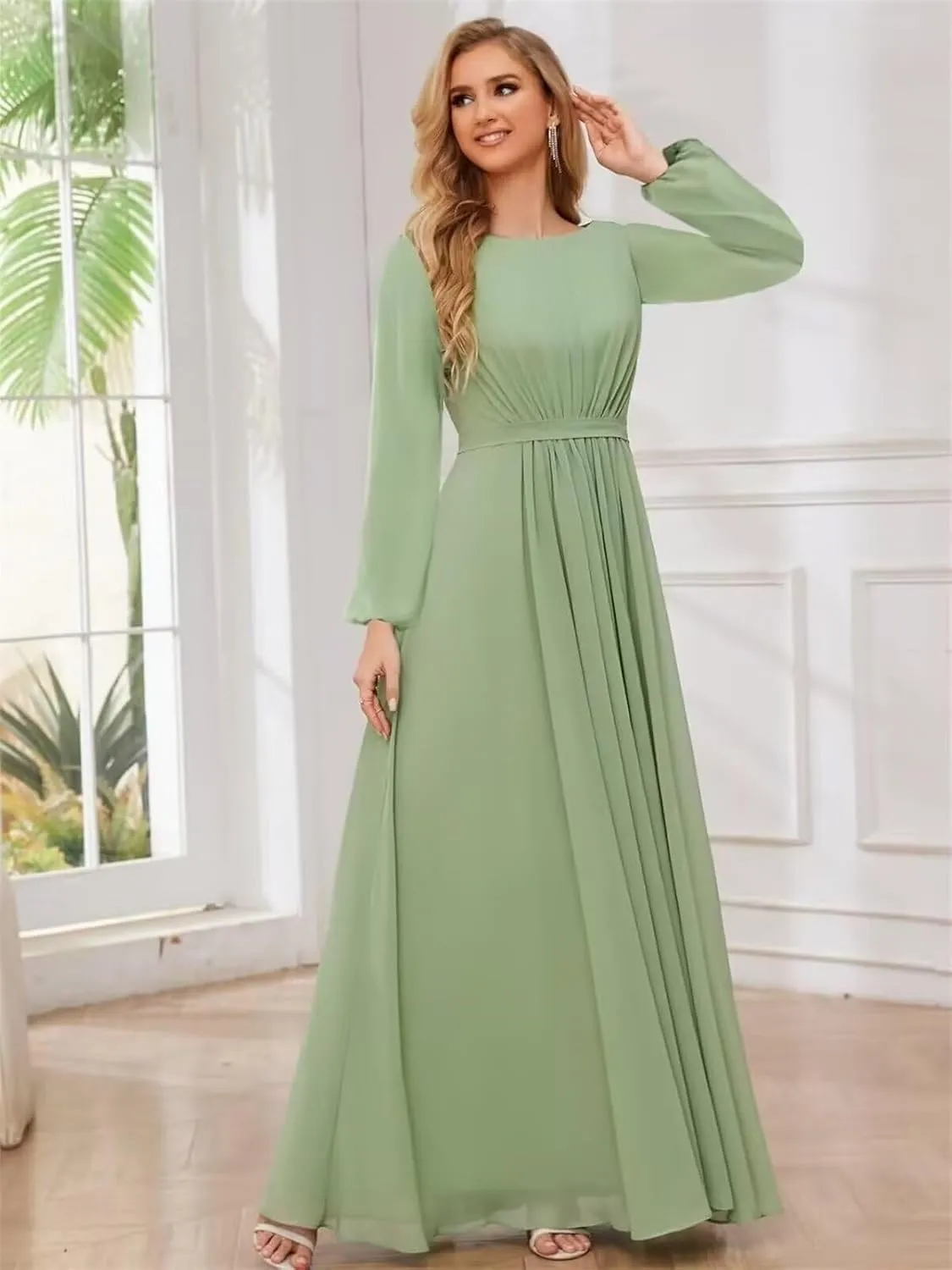Chiffon Bridesmaid Dresses for Women Scoop Neck Long Sleeve Formal Evening Party Gown