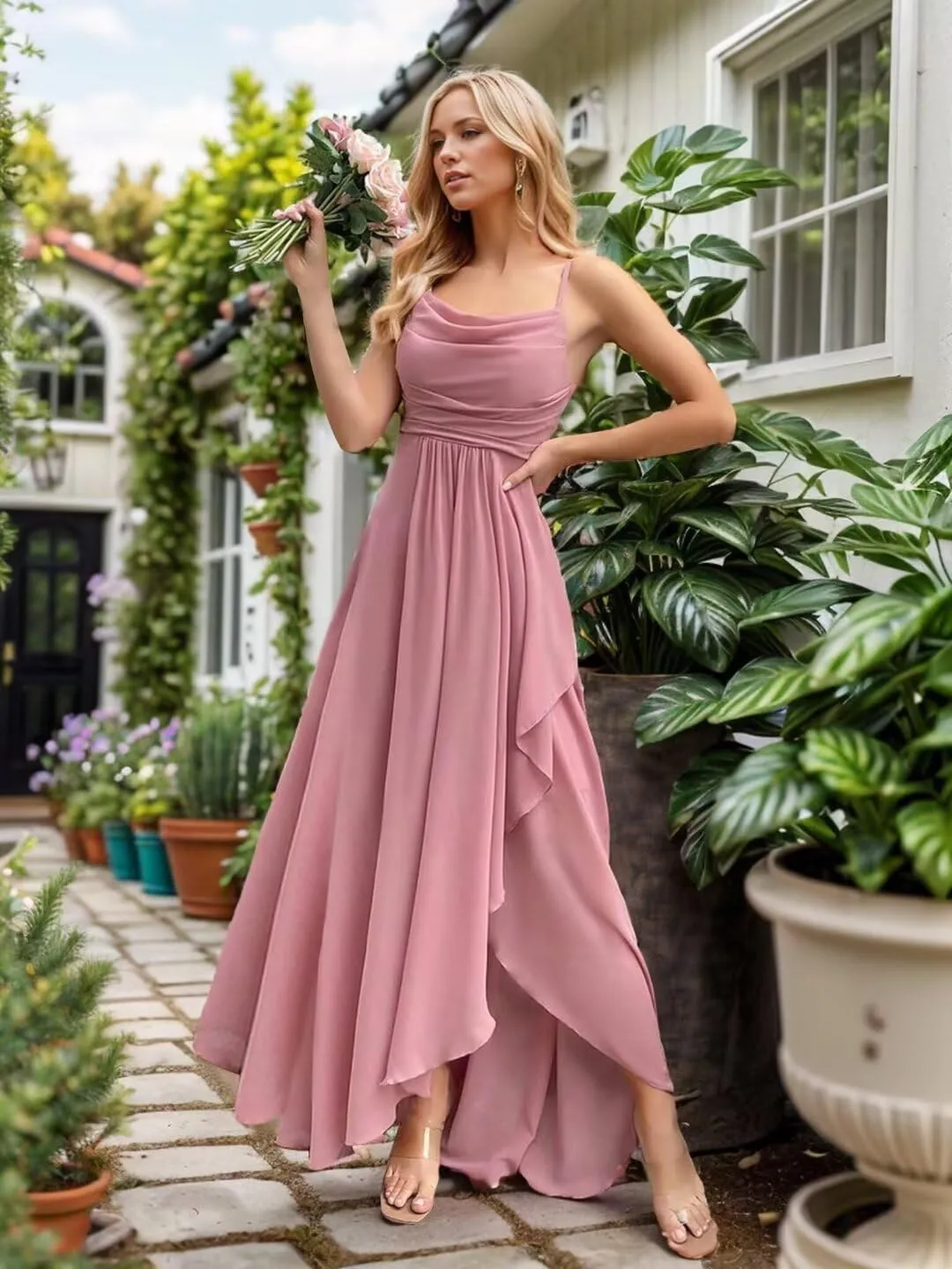 Chiffon Bridesmaid Dresses for Women Spaghetti Straps Long Ruched A Line Formal Evening Party Gowns with Slit