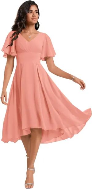 Chiffon Bridesmaid Dresses Short A-Line V Neck Asymmetrical Prom Dress for Women Formal Party Gowns with Pockets