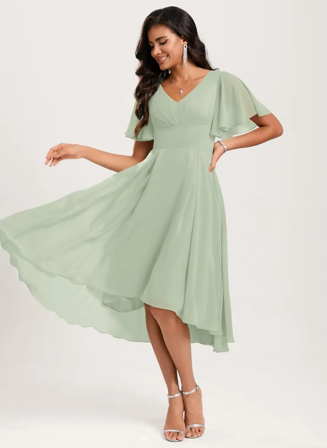 Chiffon Bridesmaid Dresses Short A-Line V Neck Asymmetrical Prom Dress for Women Formal Party Gowns with Pockets