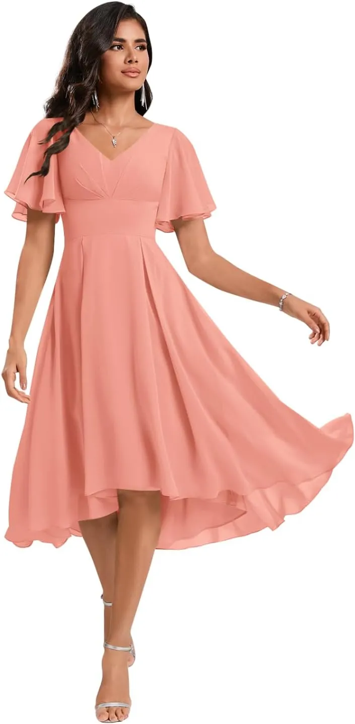 Chiffon Bridesmaid Dresses Short A-Line V Neck Asymmetrical Prom Dress for Women Formal Party Gowns with Pockets