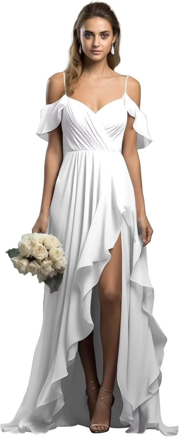 Chiffon Bridesmaid Dresses Spaghetti Straps Long Slit Bodycon Mermaid Backless Ruffle Prom Dress for Women PA84