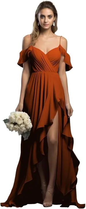 Chiffon Bridesmaid Dresses Spaghetti Straps Long Slit Bodycon Mermaid Backless Ruffle Prom Dress for Women PA84
