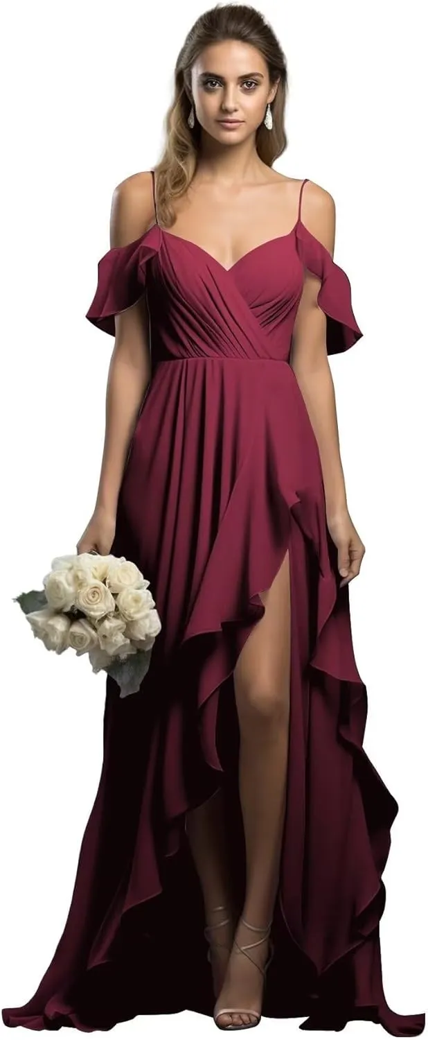 Chiffon Bridesmaid Dresses Spaghetti Straps Long Slit Bodycon Mermaid Backless Ruffle Prom Dress for Women PA84