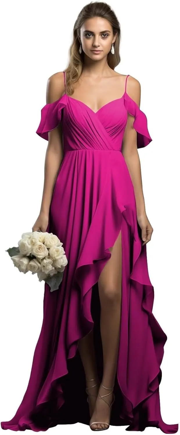 Chiffon Bridesmaid Dresses Spaghetti Straps Long Slit Bodycon Mermaid Backless Ruffle Prom Dress for Women PA84