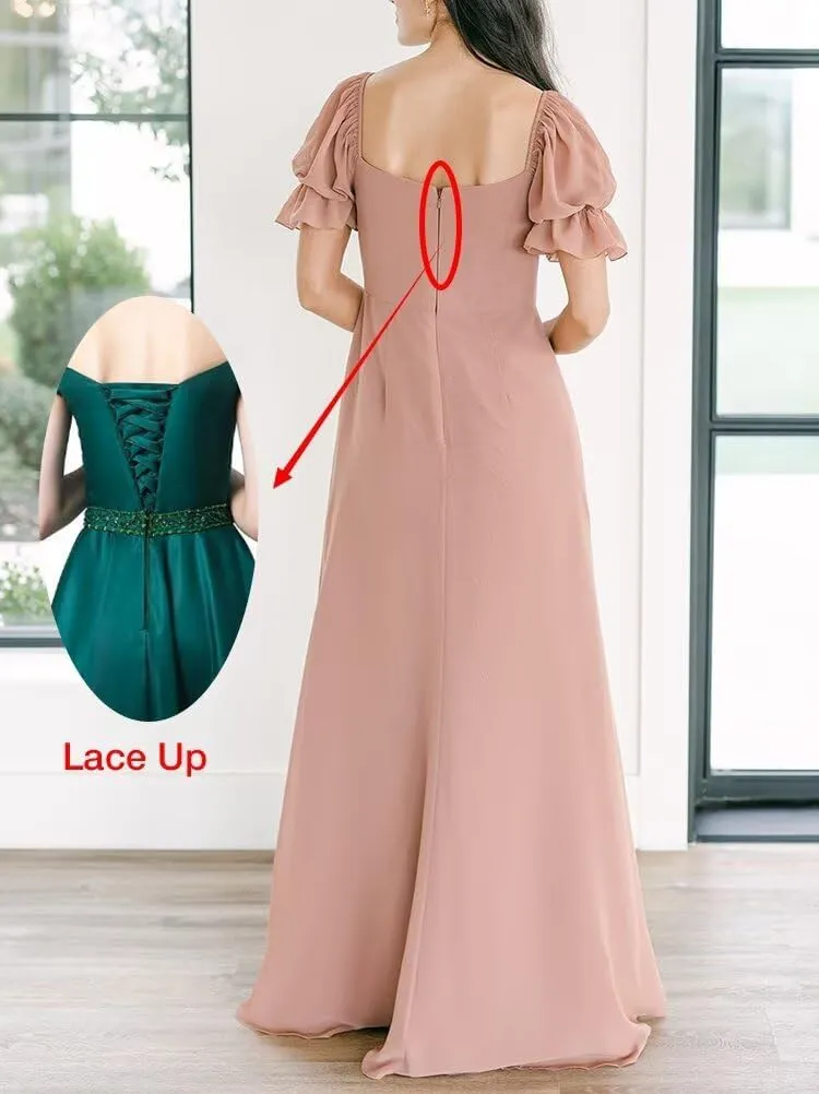 Chiffon Bridesmaid Dresses with Sleeves Long Square Collar Formal Evening Gowns Maxi Dress with Slit
