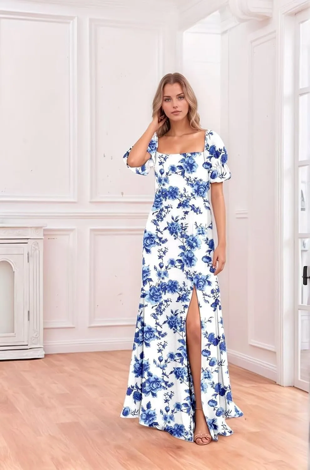 Chiffon Bridesmaid Dresses with Sleeves Long Square Collar Formal Evening Gowns Maxi Dress with Slit