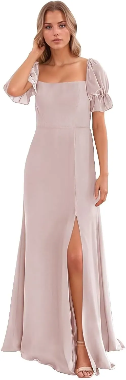 Chiffon Bridesmaid Dresses with Sleeves Long Square Collar Formal Evening Gowns Maxi Dress with Slit