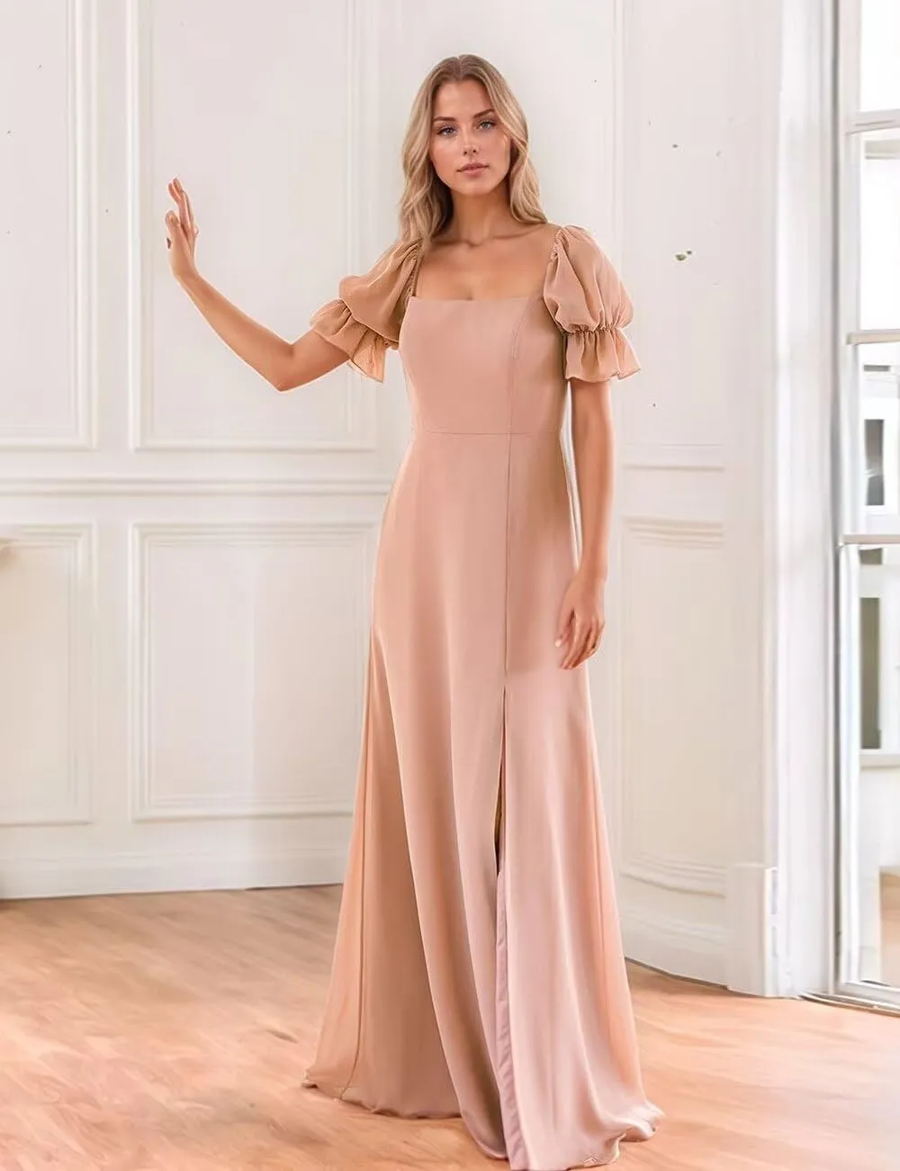Chiffon Bridesmaid Dresses with Sleeves Long Square Collar Formal Evening Gowns Maxi Dress with Slit