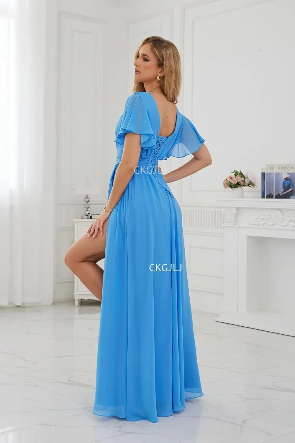Chiffon Bridesmaids Dresses with Sleeves Long Women Ruffle V Neck Formal Dress with Slit