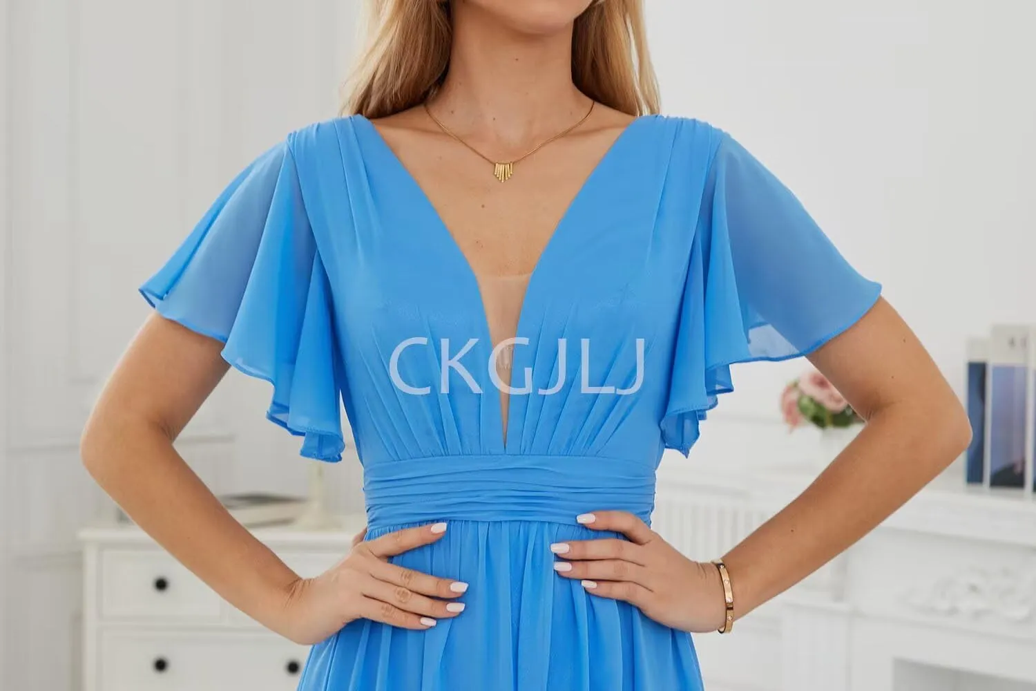 Chiffon Bridesmaids Dresses with Sleeves Long Women Ruffle V Neck Formal Dress with Slit