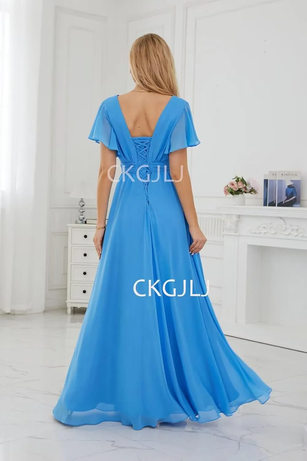 Chiffon Bridesmaids Dresses with Sleeves Long Women Ruffle V Neck Formal Dress with Slit