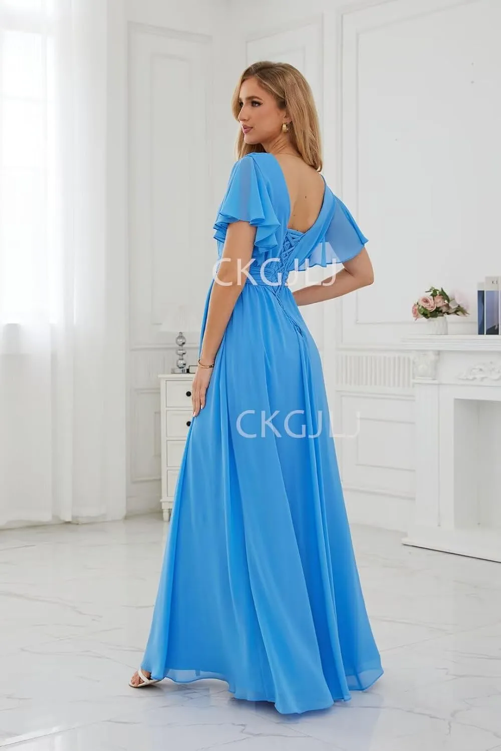 Chiffon Bridesmaids Dresses with Sleeves Long Women Ruffle V Neck Formal Dress with Slit