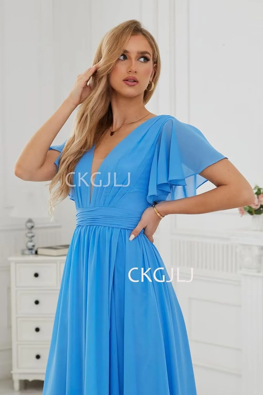 Chiffon Bridesmaids Dresses with Sleeves Long Women Ruffle V Neck Formal Dress with Slit