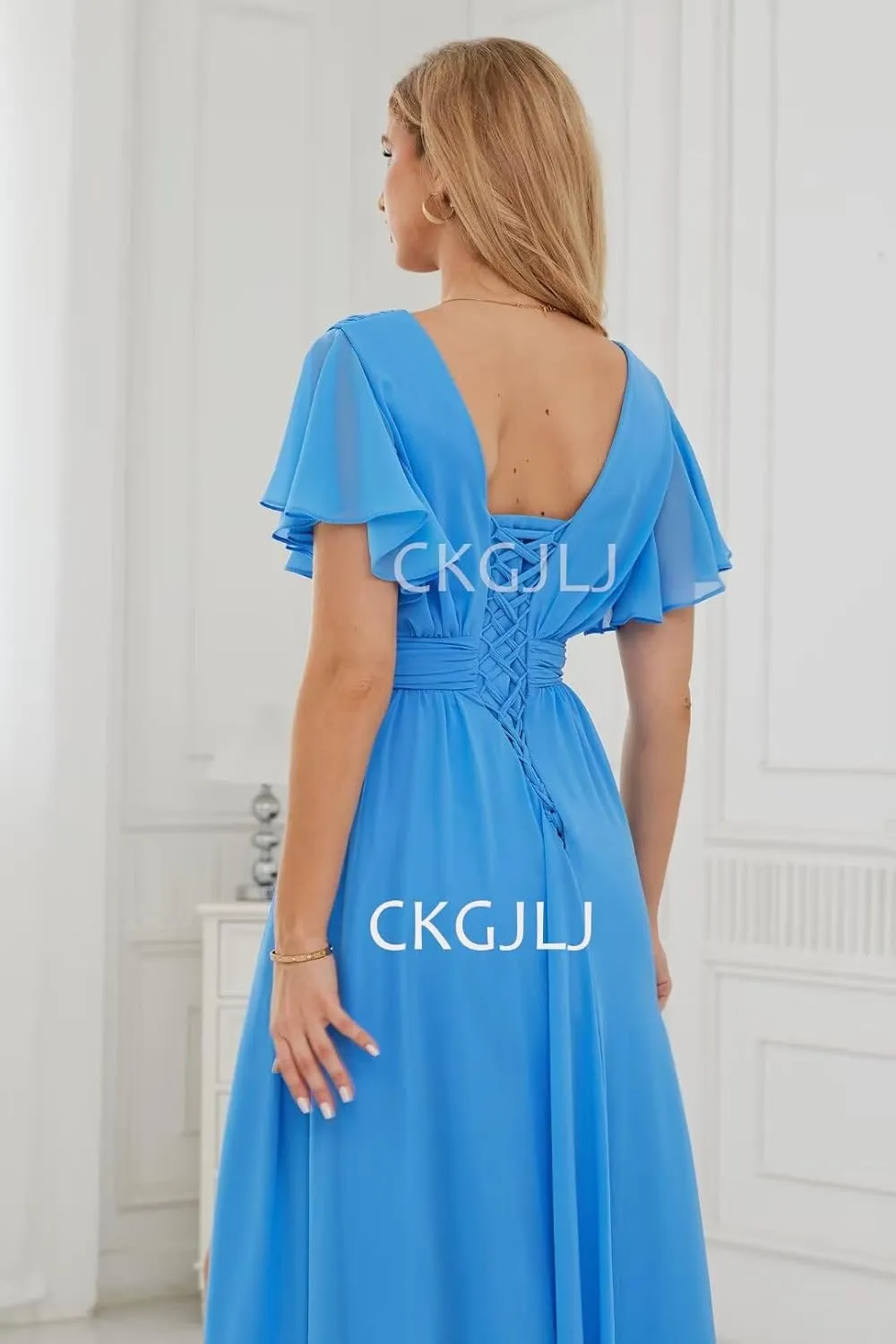 Chiffon Bridesmaids Dresses with Sleeves Long Women Ruffle V Neck Formal Dress with Slit