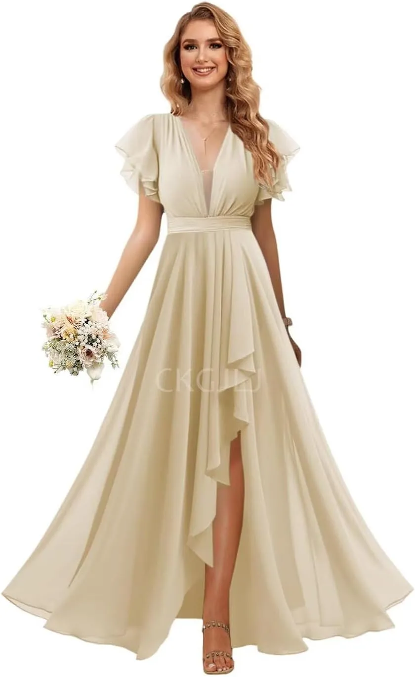 Chiffon Bridesmaids Dresses with Sleeves Long Women Ruffle V Neck Formal Dress with Slit