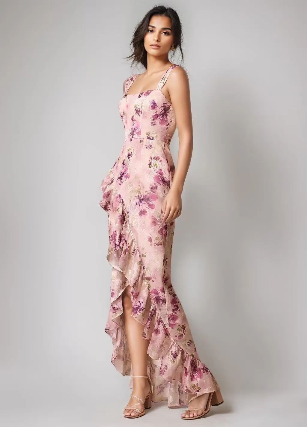 Chiffon Floral Prom Dress for Women Long Bridesmaid Dresses Leg Slit Wedding Guest Formal Gown