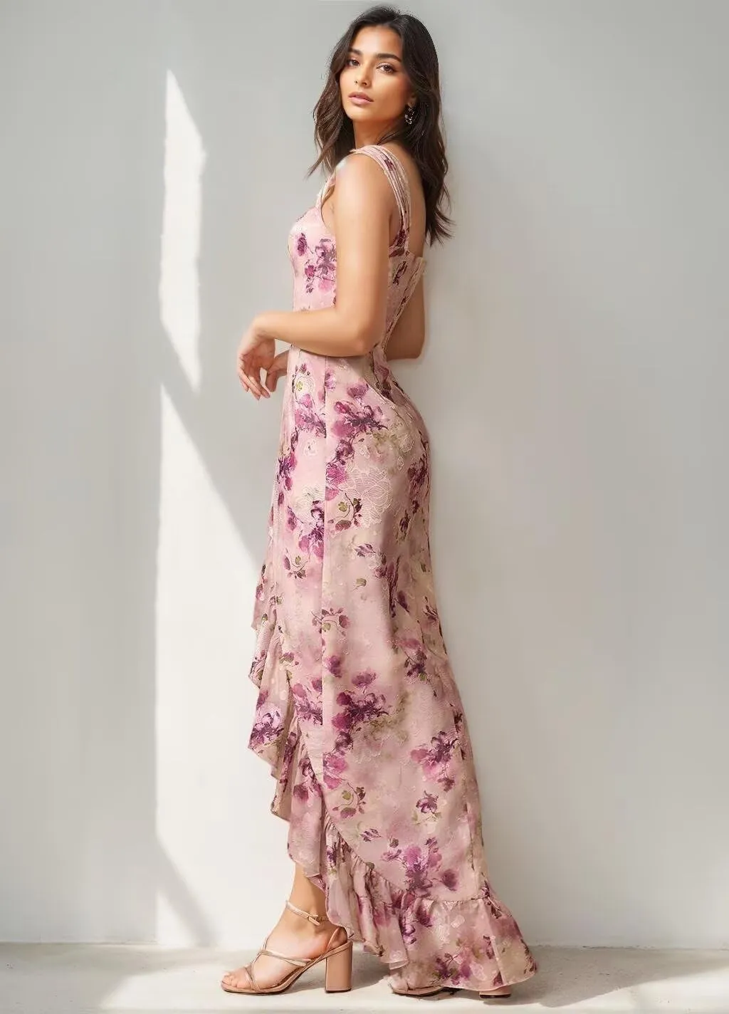 Chiffon Floral Prom Dress for Women Long Bridesmaid Dresses Leg Slit Wedding Guest Formal Gown