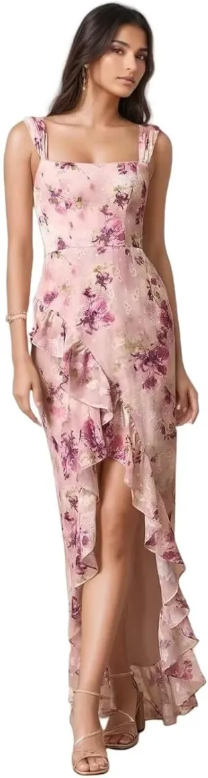 Chiffon Floral Prom Dress for Women Long Bridesmaid Dresses Leg Slit Wedding Guest Formal Gown