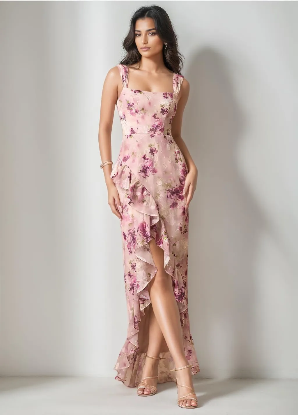 Chiffon Floral Prom Dress for Women Long Bridesmaid Dresses Leg Slit Wedding Guest Formal Gown