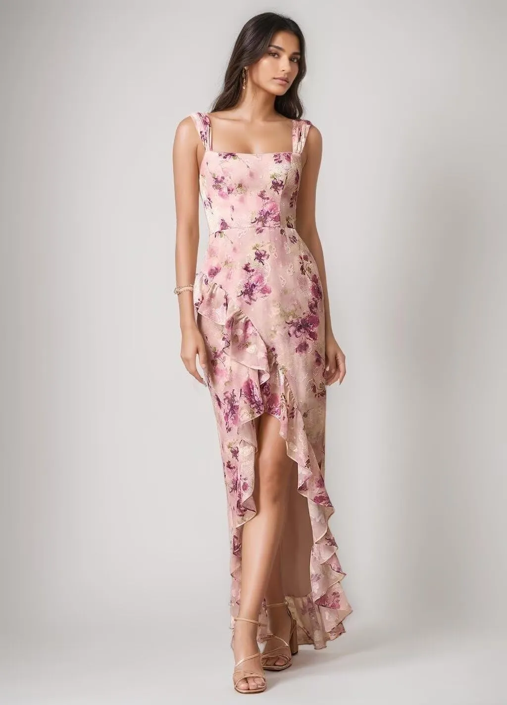 Chiffon Floral Prom Dress for Women Long Bridesmaid Dresses Leg Slit Wedding Guest Formal Gown