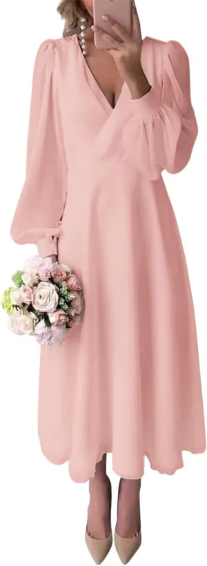 Chiffon Long Sleeves Bridesmaid Dresses A Line Tea Lengh Formal Evening Gowns V Neck Wedding Guest Dress for Women