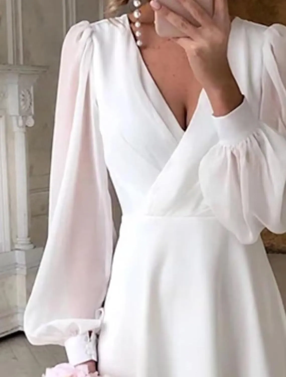 Chiffon Long Sleeves Bridesmaid Dresses A Line Tea Lengh Formal Evening Gowns V Neck Wedding Guest Dress for Women