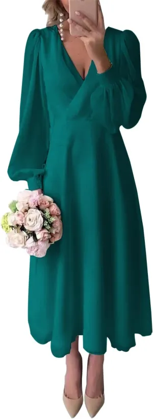 Chiffon Long Sleeves Bridesmaid Dresses A Line Tea Lengh Formal Evening Gowns V Neck Wedding Guest Dress for Women