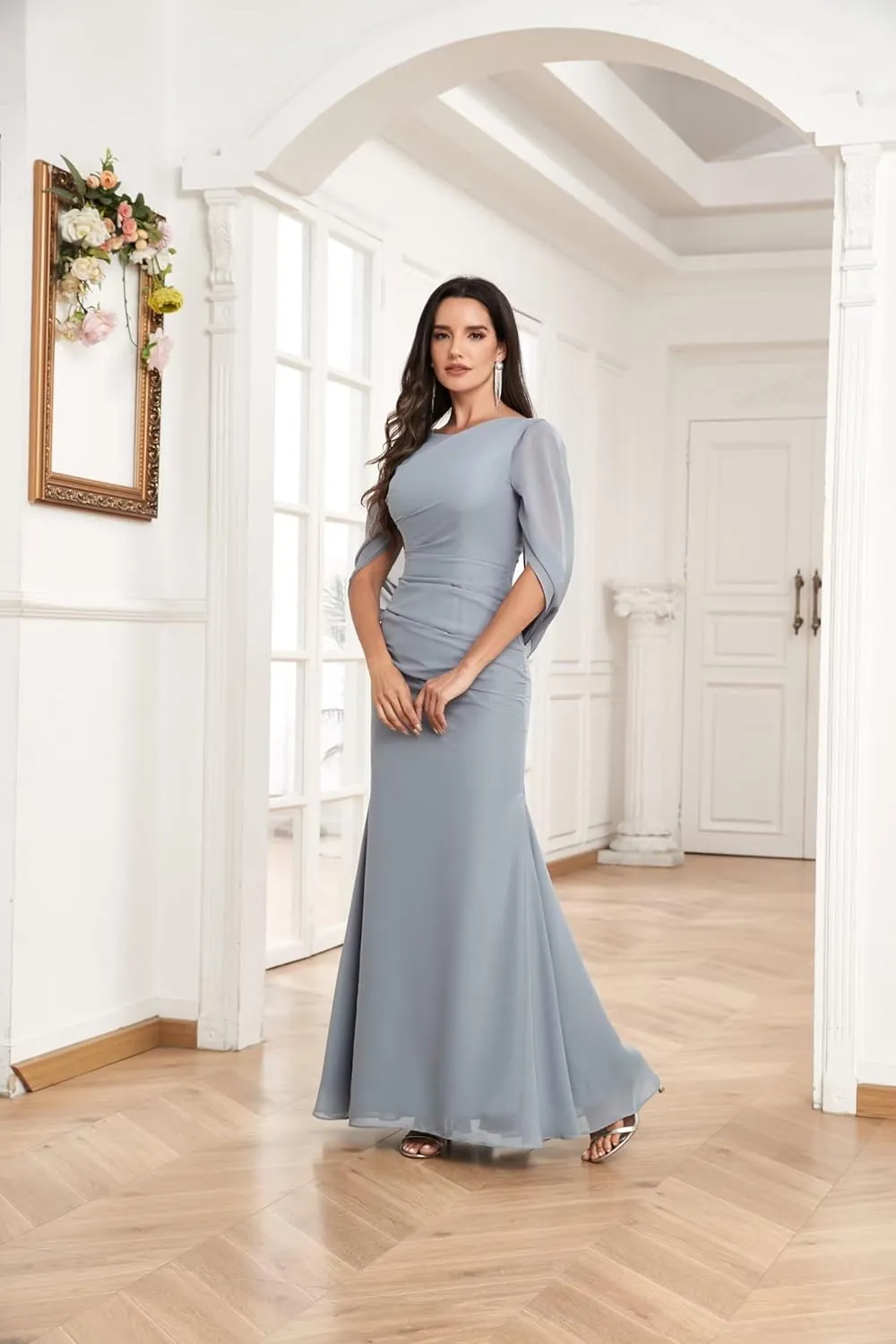 Chiffon Mermaid Mother of The Bride Dresses for Women Long Cape Sleeve Elegant Formal Evening Dress
