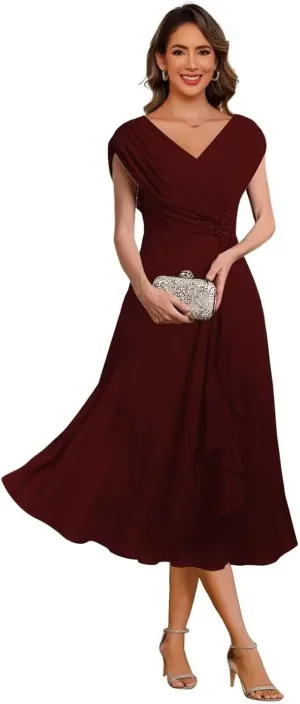 Chiffon Mother of The Bride Dress Cap Sleeves Pleated Tea Length Formal Evening Dresses for Wedding JH014
