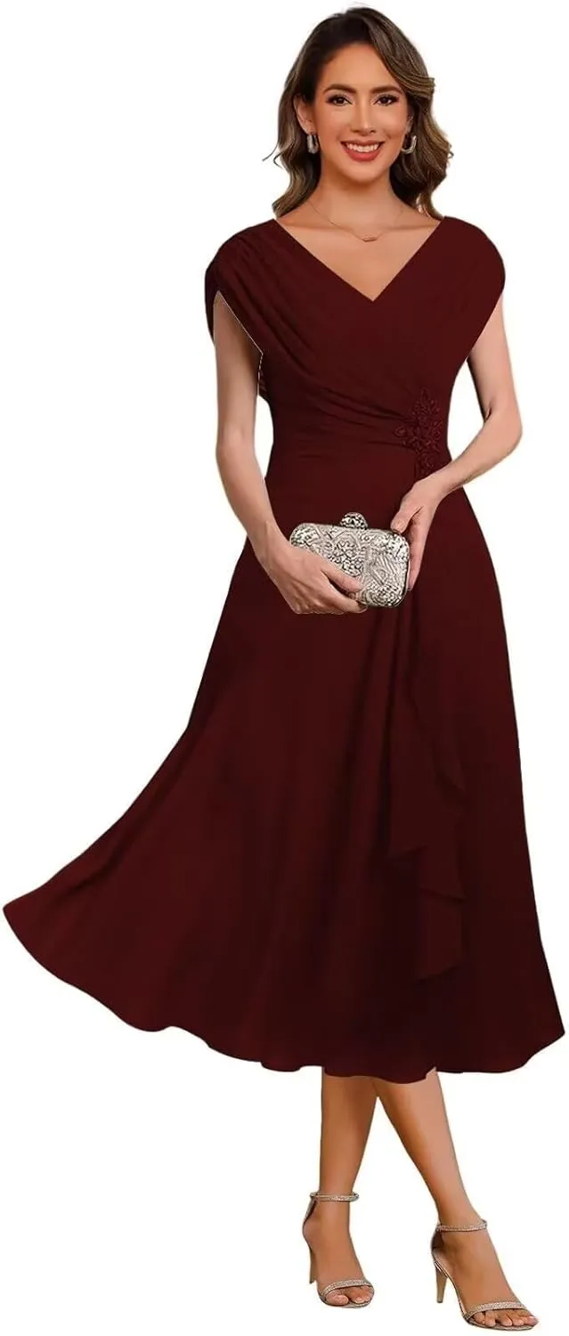 Chiffon Mother of The Bride Dress Cap Sleeves Pleated Tea Length Formal Evening Dresses for Wedding JH014