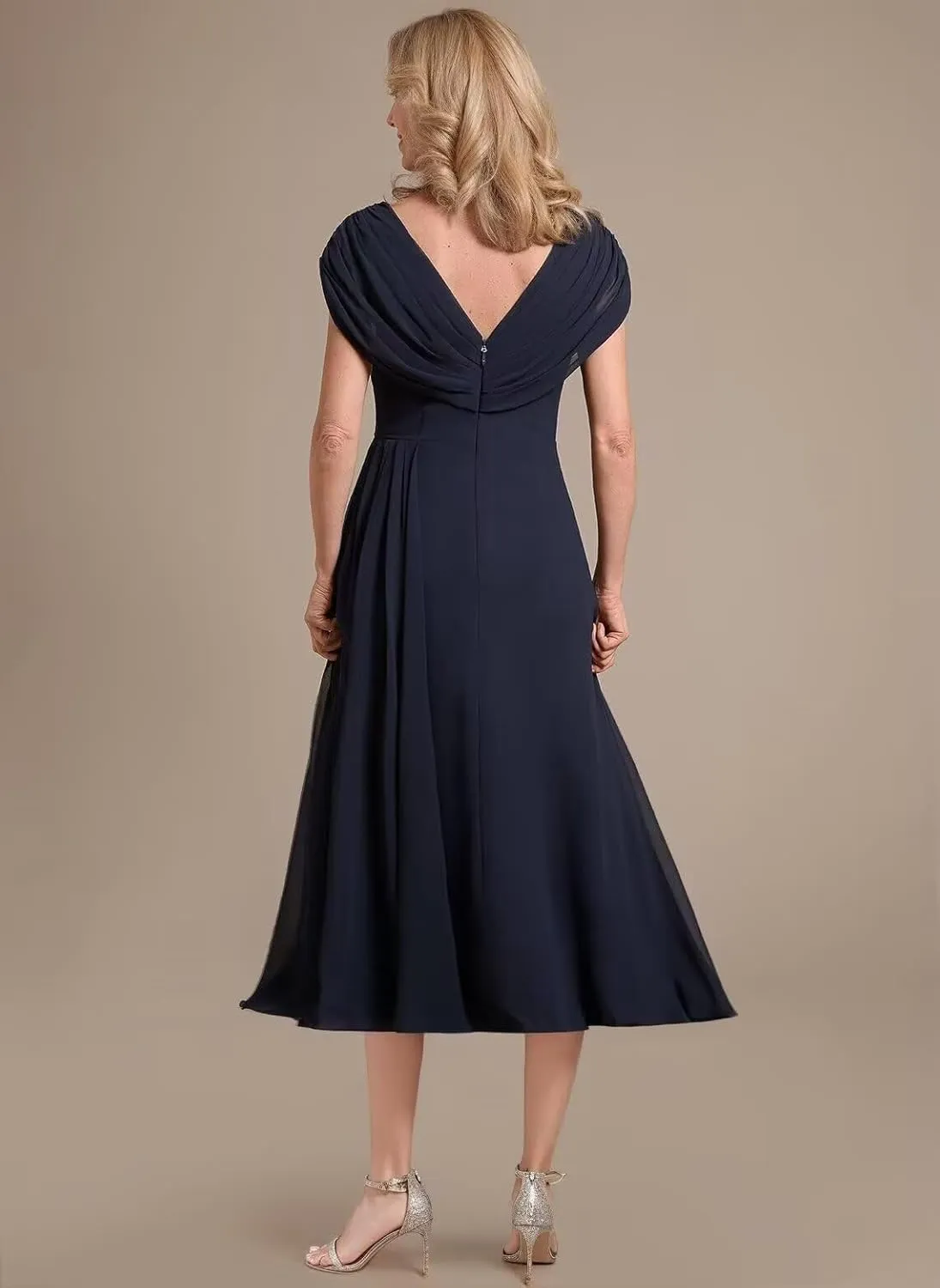 Chiffon Mother of The Bride Dress Cap Sleeves Pleated Tea Length Formal Evening Dresses for Wedding JH014