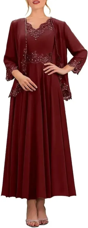 Chiffon Mother of The Bride Dress for Wedding 3/4 Sleeve V Neck Formal Dresses with Jacket for Women RO130
