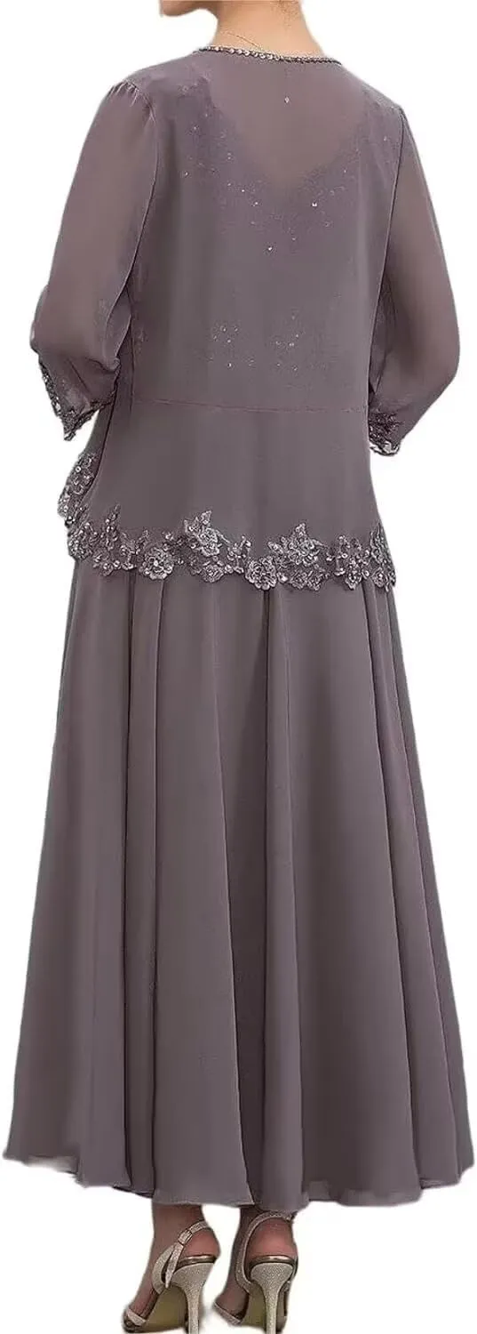 Chiffon Mother of The Bride Dress for Wedding 3/4 Sleeve V Neck Formal Dresses with Jacket for Women RO130