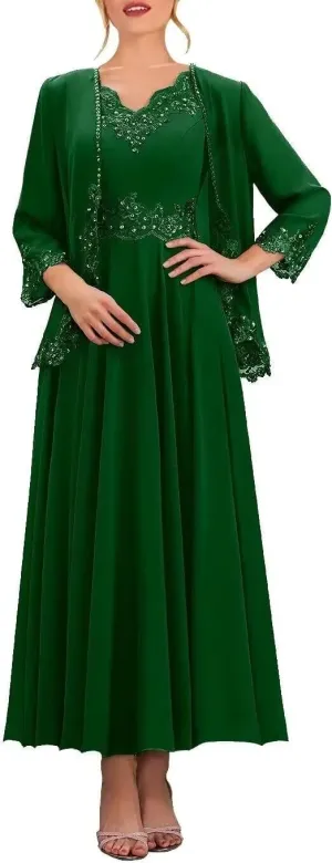 Chiffon Mother of The Bride Dress for Wedding 3/4 Sleeve V Neck Formal Dresses with Jacket for Women RO130