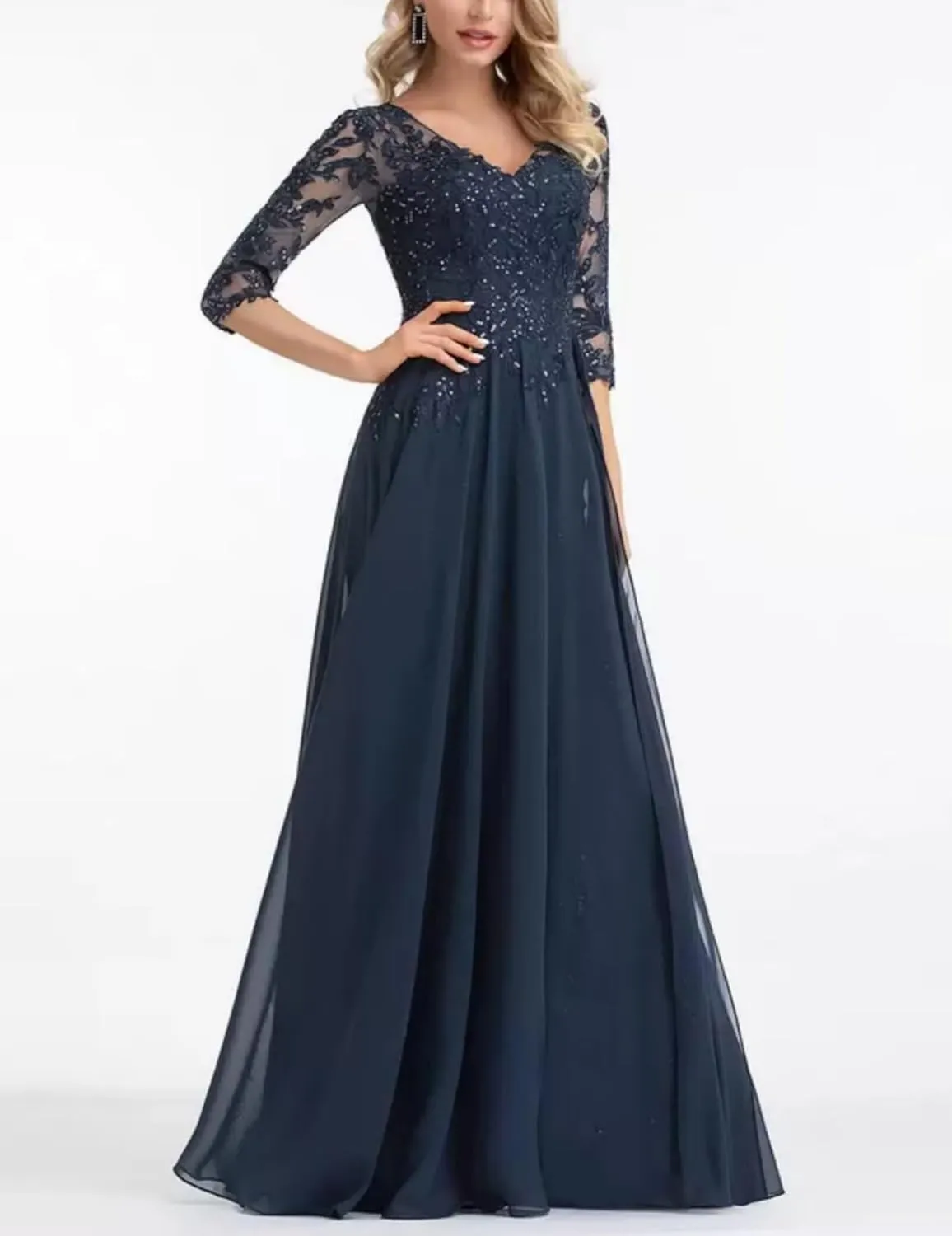 Chiffon Mother of The Bride Dress for Wedding Sequin Lace Applique Flowy A-Line Formal Eveninng Gowns
