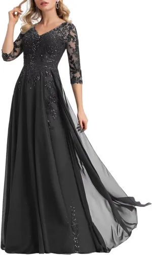Chiffon Mother of The Bride Dress for Wedding Sequin Lace Applique Flowy A-Line Formal Eveninng Gowns