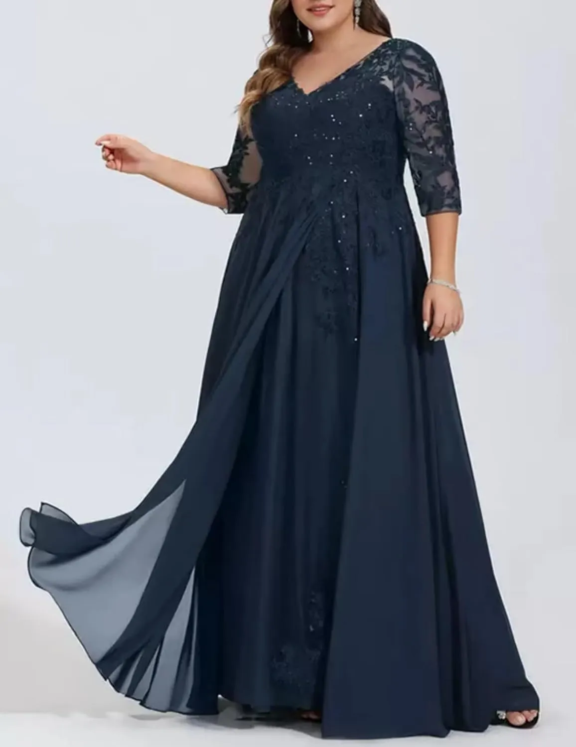 Chiffon Mother of The Bride Dress for Wedding Sequin Lace Applique Flowy A-Line Formal Eveninng Gowns