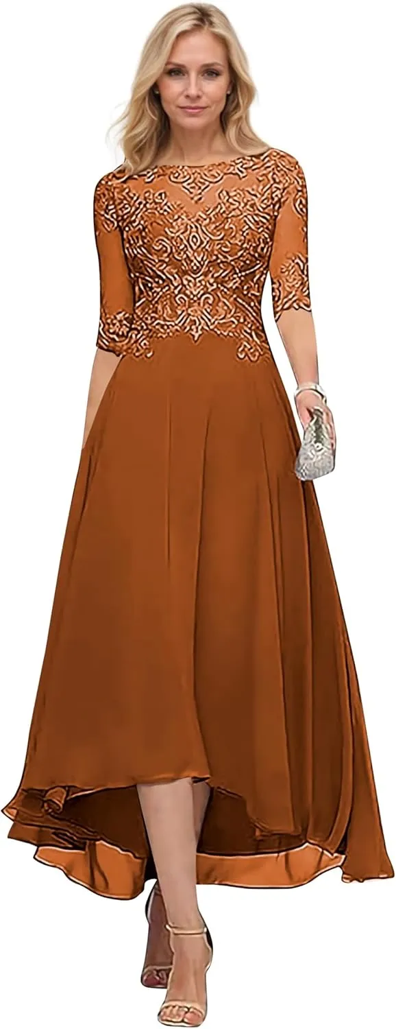 Chiffon Mother of The Bride Dresses 2025 High Low Lace Tea Length Formal Evening Gown with Pockets