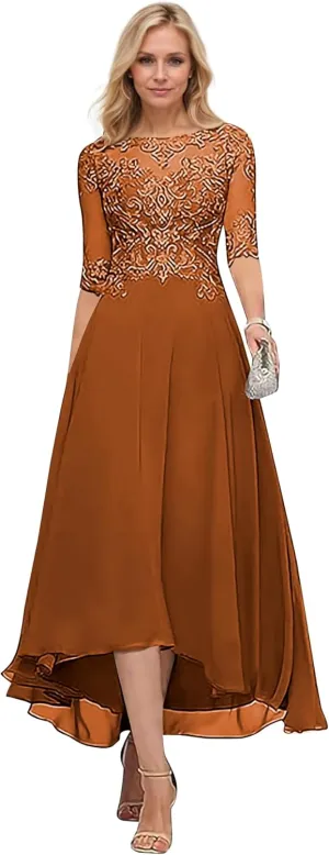 Chiffon Mother of The Bride Dresses 2025 High Low Lace Tea Length Formal Evening Gown with Pockets