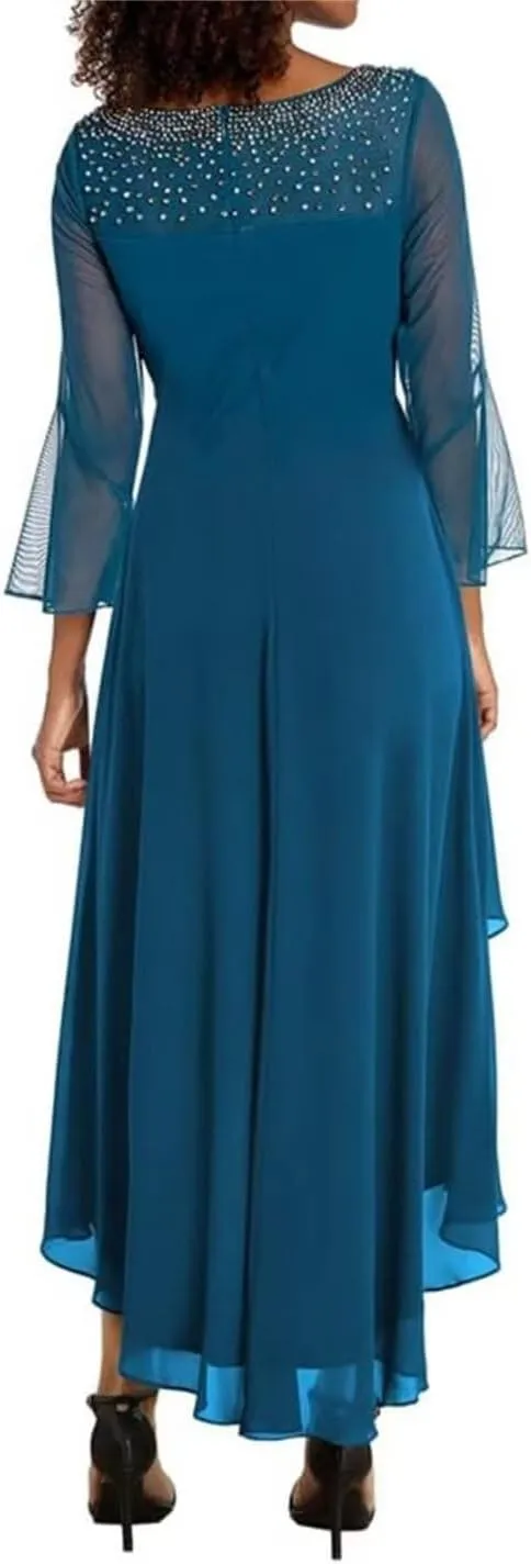 Chiffon Mother of The Bride Dresses 3/4 Sleeves Formal Dress for Women Beaded A line Prom Gown
