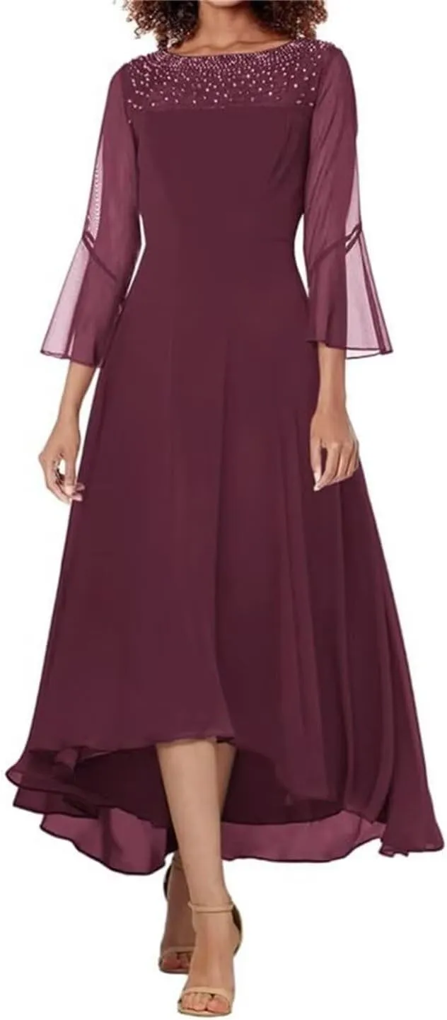 Chiffon Mother of The Bride Dresses 3/4 Sleeves Formal Dress for Women Beaded A line Prom Gown