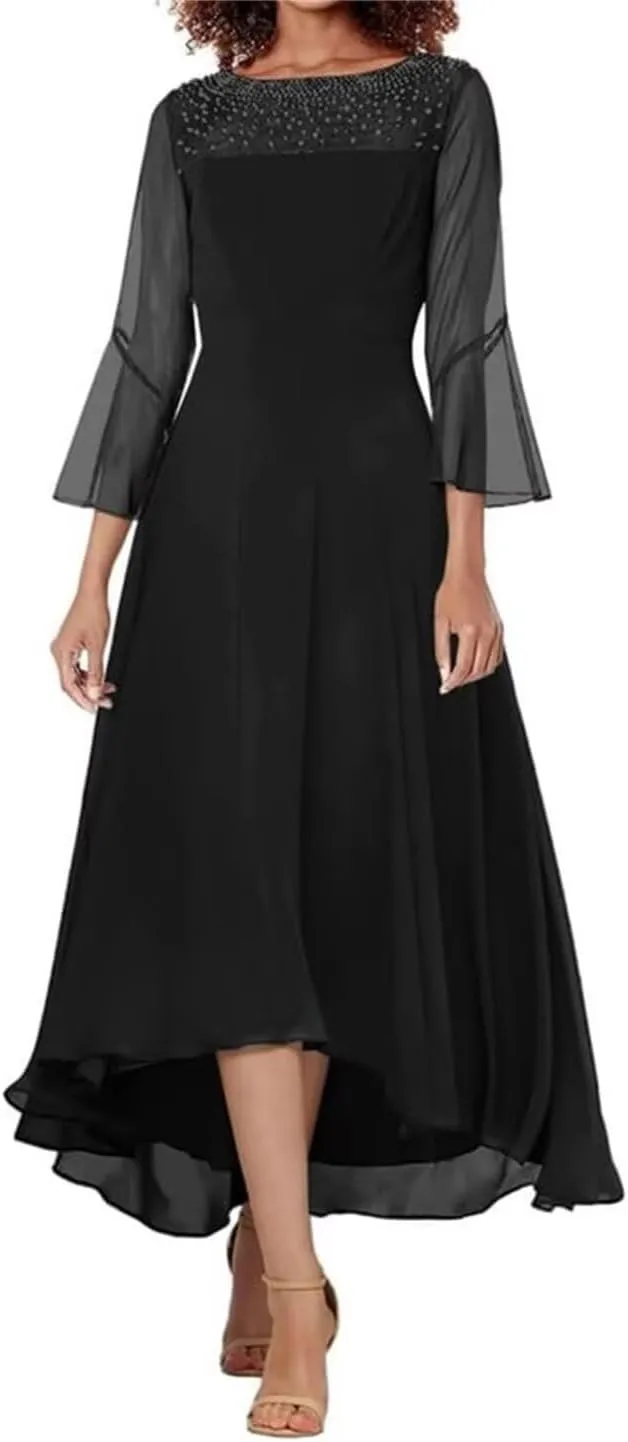 Chiffon Mother of The Bride Dresses 3/4 Sleeves Formal Dress for Women Beaded A line Prom Gown